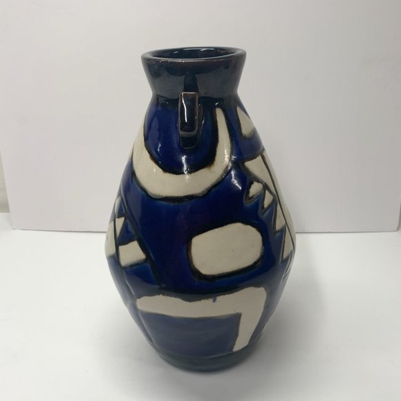 Lemax Shiwan Vintage Pottery Vase Two Handled Jug Geometric Cobalt Blue Cream - Picture 2 of 6